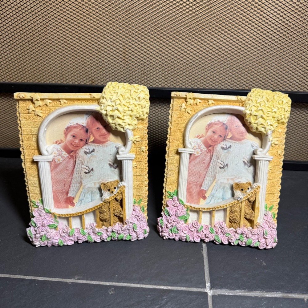 Vintage Resin Teddy Bear & Pink Rose Picture Frames Set of 2 Yellow Cottagecore